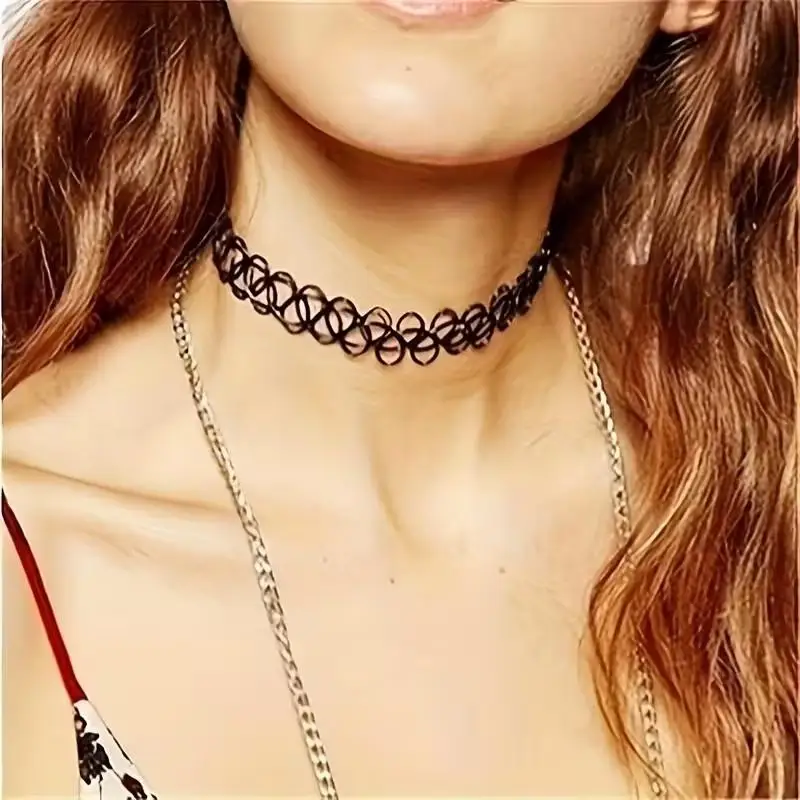6 Teile/satz Schwarz Spitze Colliers Halskette Set Vintage Gothic Punk Elastische Halskette Frauen Hals Kragen Und Halskette Kombination Set – Detail 5