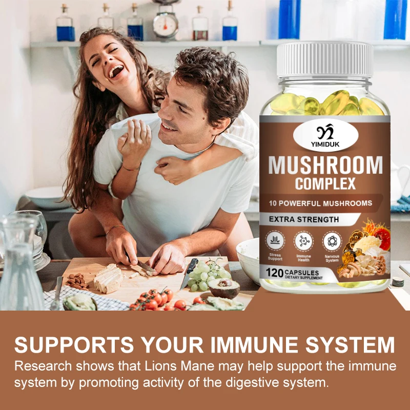 Lion Mane Cordyceps Mushroom Complex Supplement for Nootropic Brain Memory & Focus Immune Booster Energy & Stress Relief