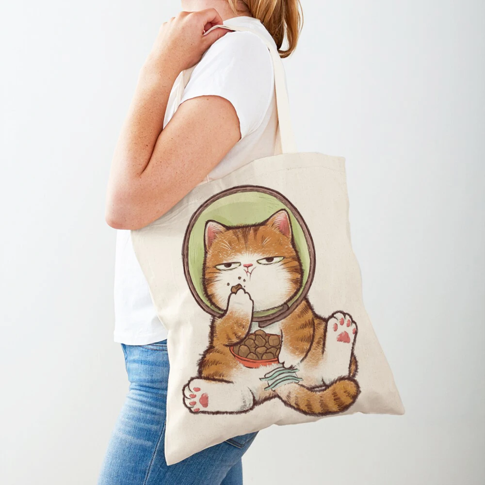 Grappige Cartoon Kat Dier Canvas Vrouwen Boodschappentassen Herbruikbare Opvouwbare Shopper Dubbele Print Lady Tote Handtas voor Kinderen