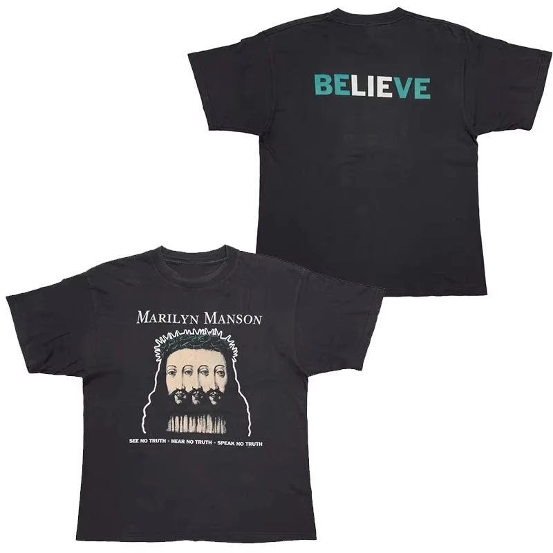 Hot Marilyn Manson Band T Shirt Cotton Graphic Tee Men's and Women's Summer High Quality Streetwear Y2K Top T-shirt