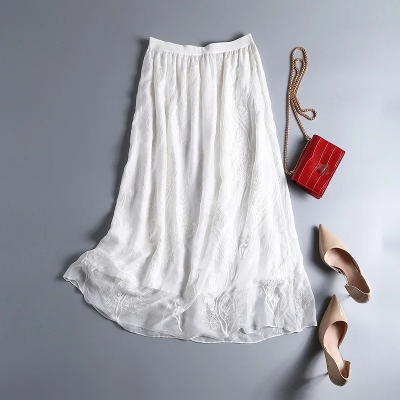 High Quality 100% Silk Beach Skirt White Long Skirts For Women Korean Fashion Skirts Womens Summer 2024 Jupe Femme Pph4840