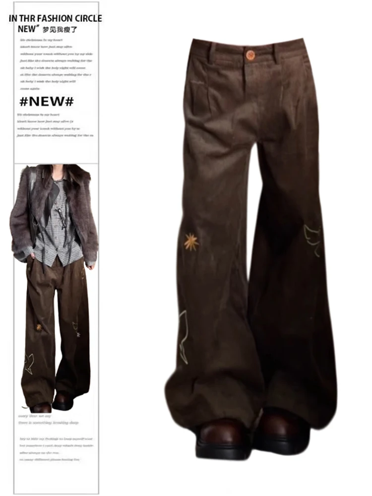 Women Corduroy Vintage Long Trousers Baggy Pants Y2K Japanese Maillard Grunge Abi Loose Casual Harajuku Tomboy Embroidery Punk