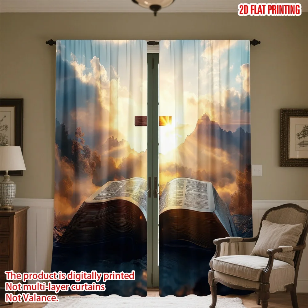 

2D flat printing 2pcs Window Curtains Sunrise Cross with Bible Digital Printed Polyester Drapes Festive Wall Decor for Home