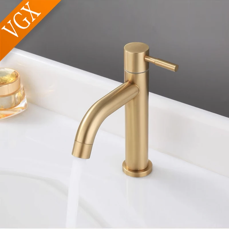 

VGX Bathroom Faucets Stainless Steel Brushed Gold Basin Mixer Sink Faucet Gourmet Washbasin Tapware Single Cold Water Tap Grey