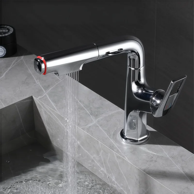 Adjustable Pull-Out Basin Faucet for Home Use, Brushed Gold Bathroom Sink Hot and Cold Water Faucet
