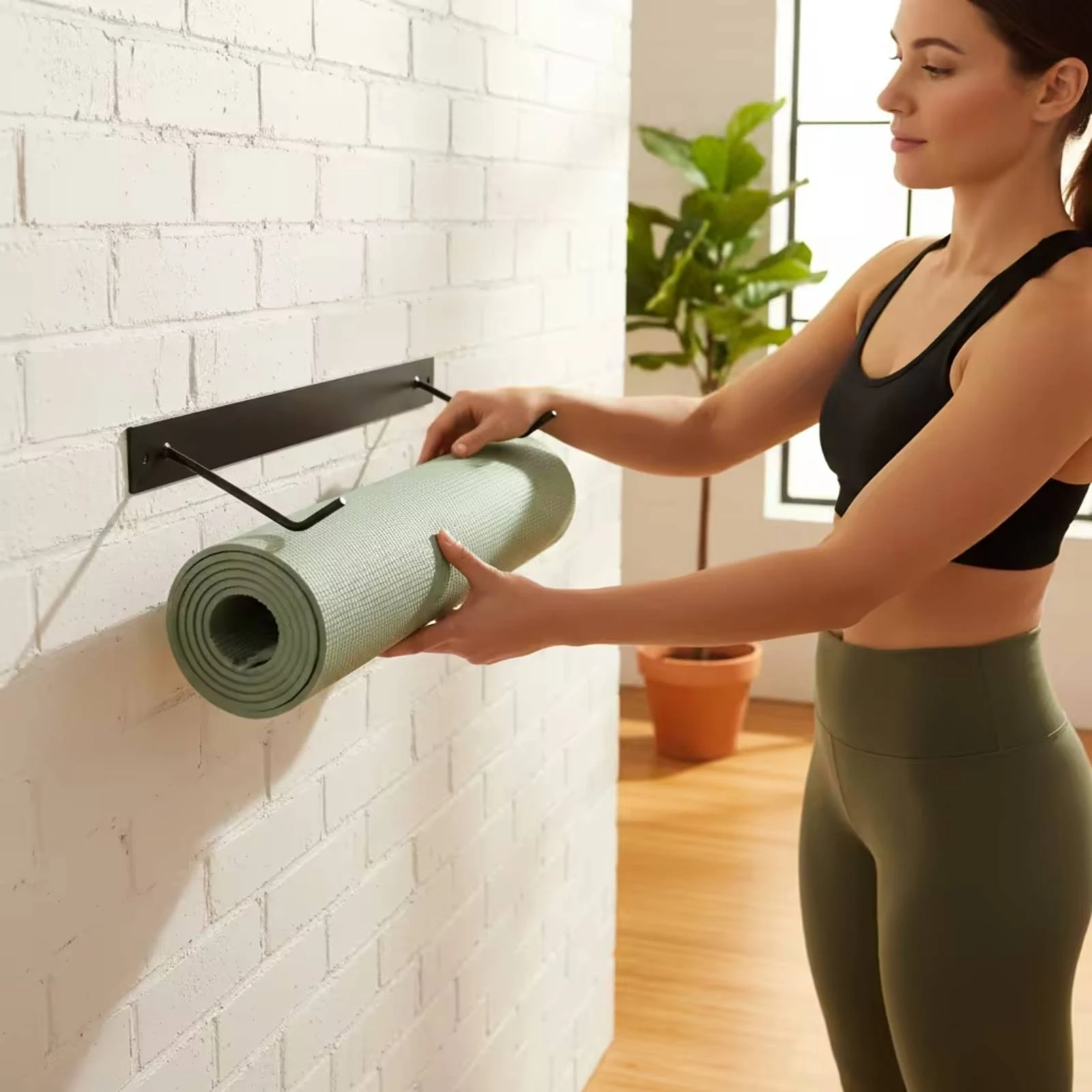 Fitness Mat Storage Rack Sturdy Fitness Mat Rack Shelf with Hooks Long-Lasting Modern for Yogis, Home Gym, Workout Room