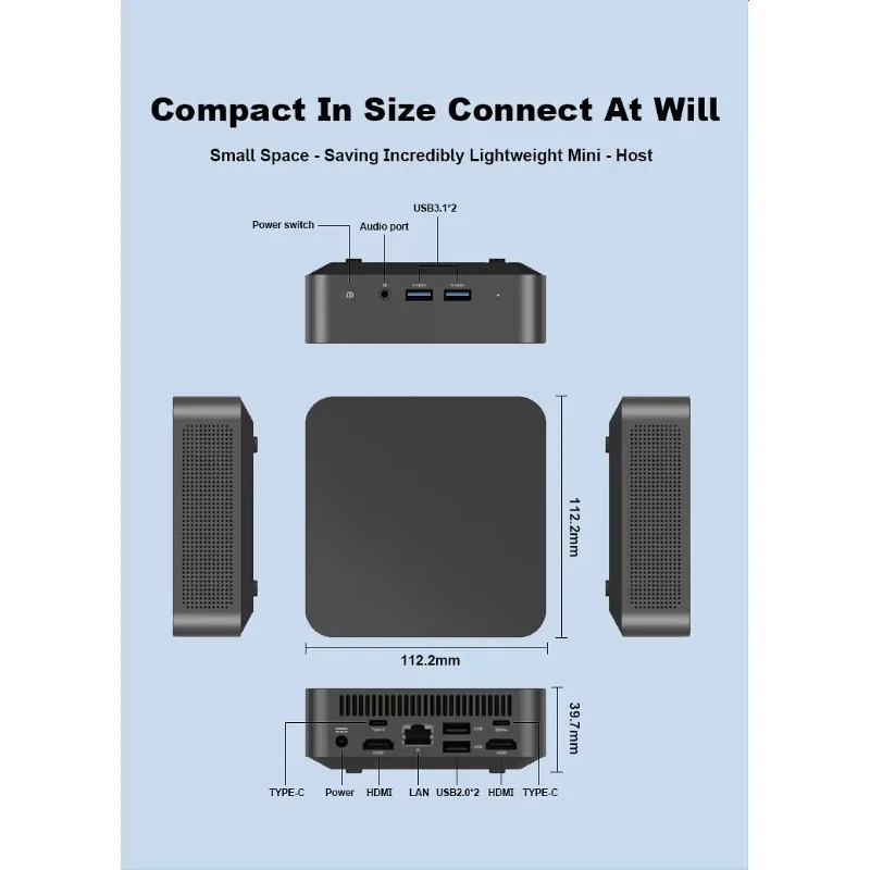 Nueva Computadora Pequeña N100 DDR4 Max 8G con Sistema Operativo Win11, 6MB de Caché L3, 2 Puertos USB 3.1, 2 Puertos Tipo-C y SSD M.2 para Juegos/Oficina/Negocios