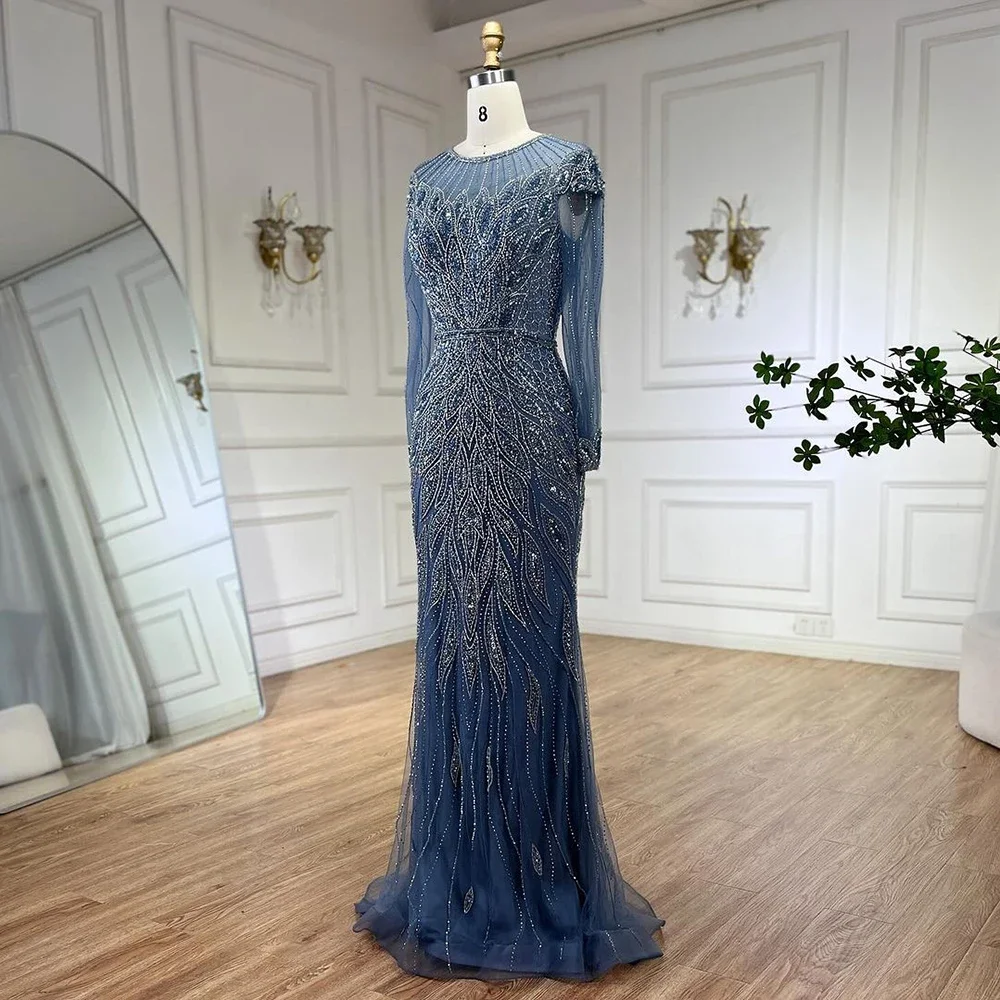 Serene Hill Customized Blue Long Sleeve Muslim Mermaid Beaded Evening Dresses 2024 Dubai Party Gowns for Women Wedding DLA71999L