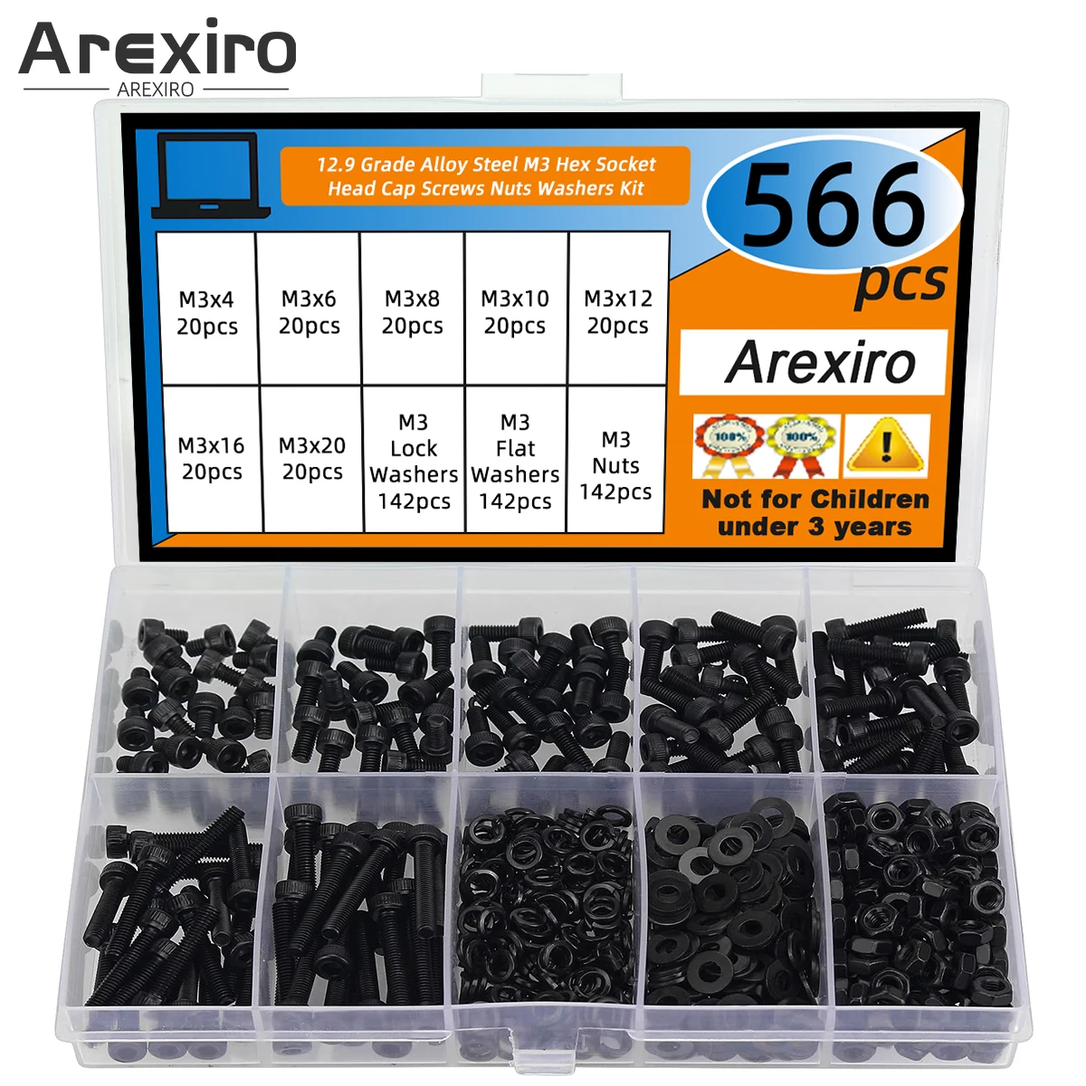 

566Pcs M3 Screw Nut Washer Set Black M3 x 4/6/8/10/12/16/20mm Hex Socket Screw Nut Washer Combo Kit Grade 12.9 Alloy Steel
