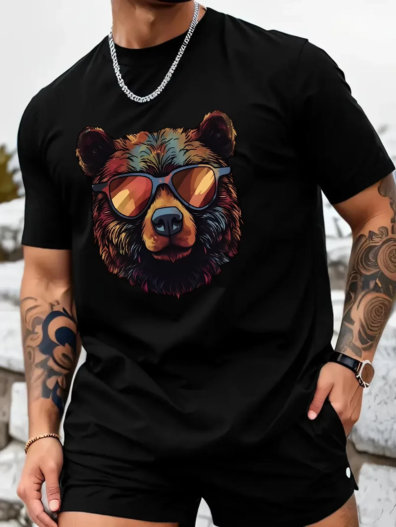 Men'S Bear Face & Fashion Glasses Design Papa Bear with Glasses T Shirt Cotton Tee Women Streetwear Oversized Summer Novelty Top