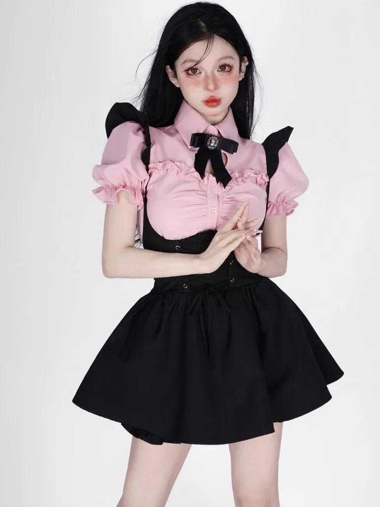 Woman Jk 2 Piece Set Streetwear Pink Ruffled Pleated Crop Blouse + Harajuku Bandage Skirts Sweet Y2k Aesthetic Outfits for Women