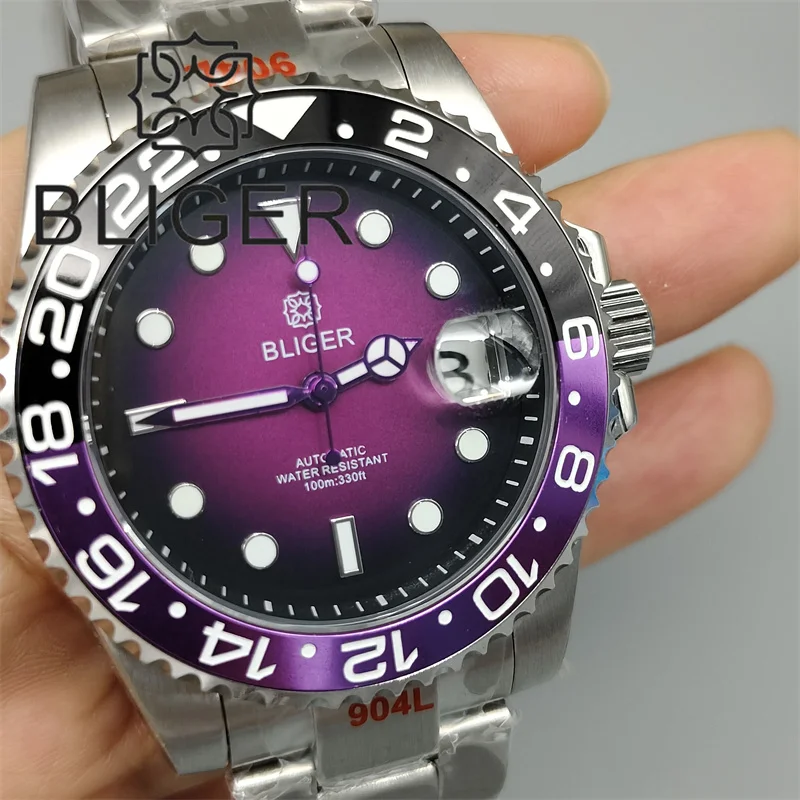 BLIGER 40mm Dive Watch For Men Black Purple Bezel Green Luminous Sapphire Glass Black Chapter Glow Black Purple Dial Waterproof