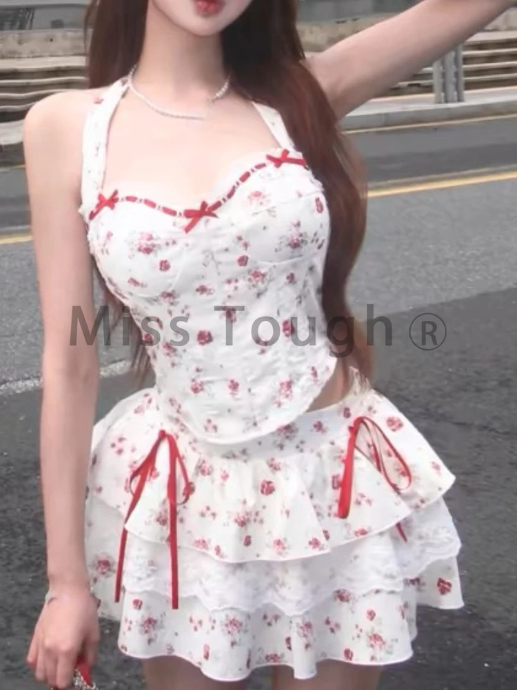 Korean Fashion Slim Sexy 2 Piece Dress Set Women Summer New Y2k Floral Vintage Suit Female Lace Preppy Style Elegant Set 2024