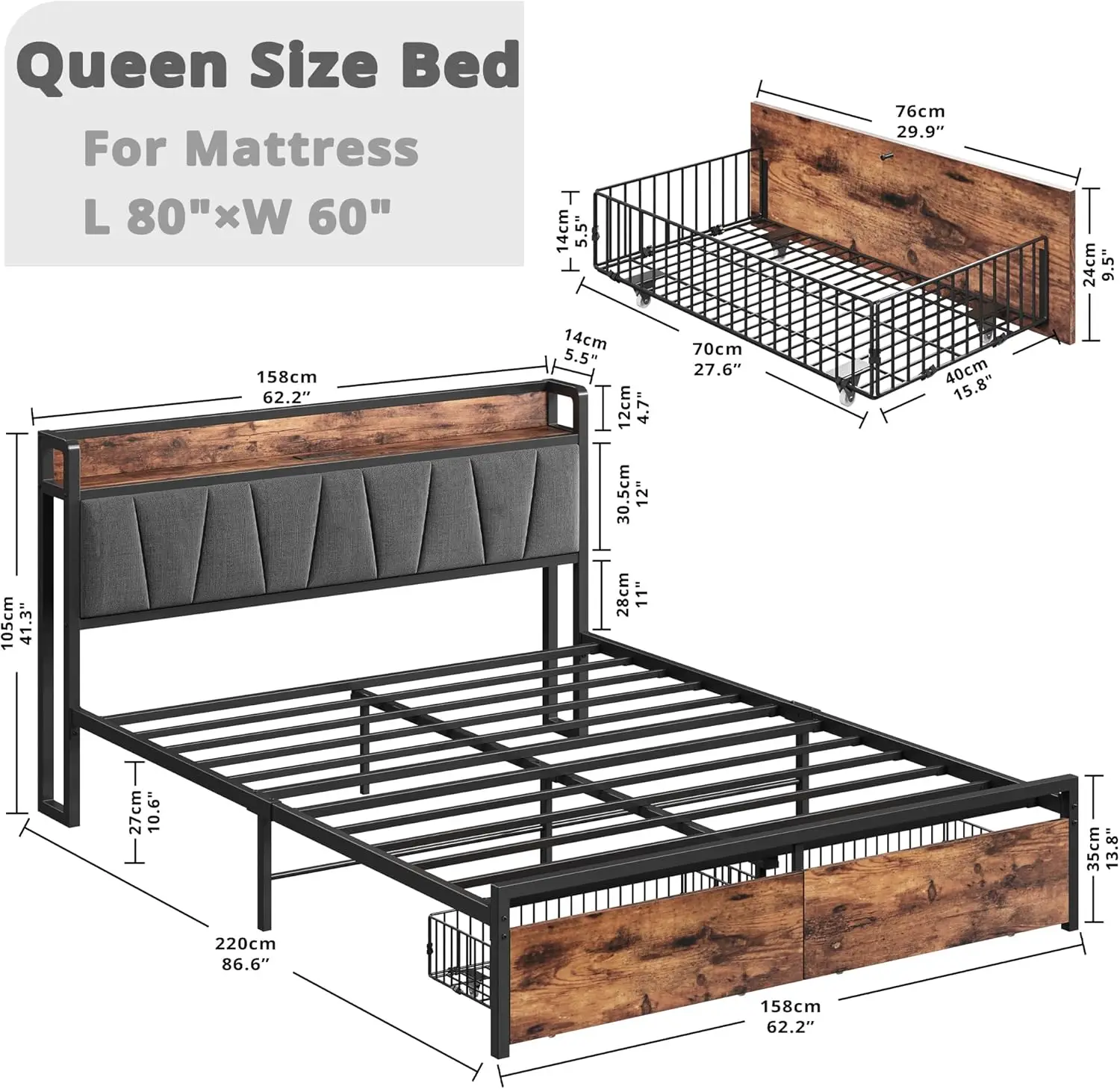 Queen Bedframe, Opberghoofdeinde Met Laadstation, Platformbed Met Laden, Geen Boxspring Nodig, Vintage Bruin En Grijs