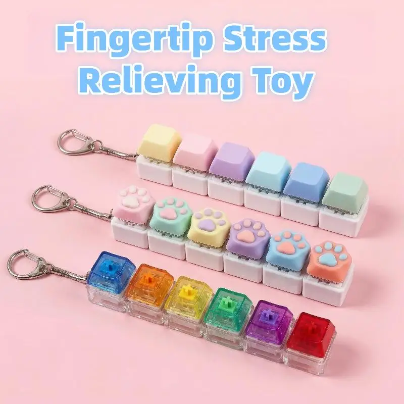 Stress Anxiety Relief Keyboard Keychain Six Keys Button With Light For Office Home Adults Kid Decompression Clicker Gifts