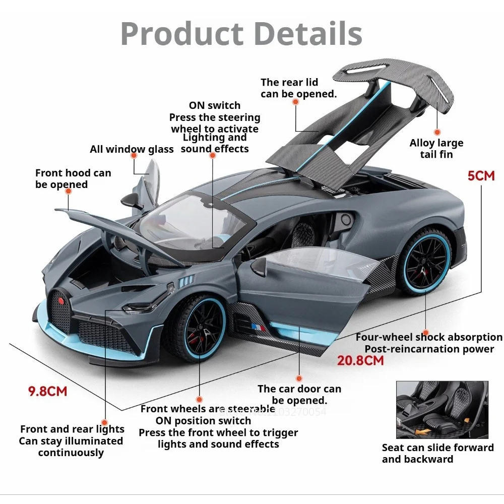1:24 Divo Chiron Alloy Sports Car Diecast Model Toys Doors Opened Sound Light Pull Back Miniature Toy Christmas Gift for Friends