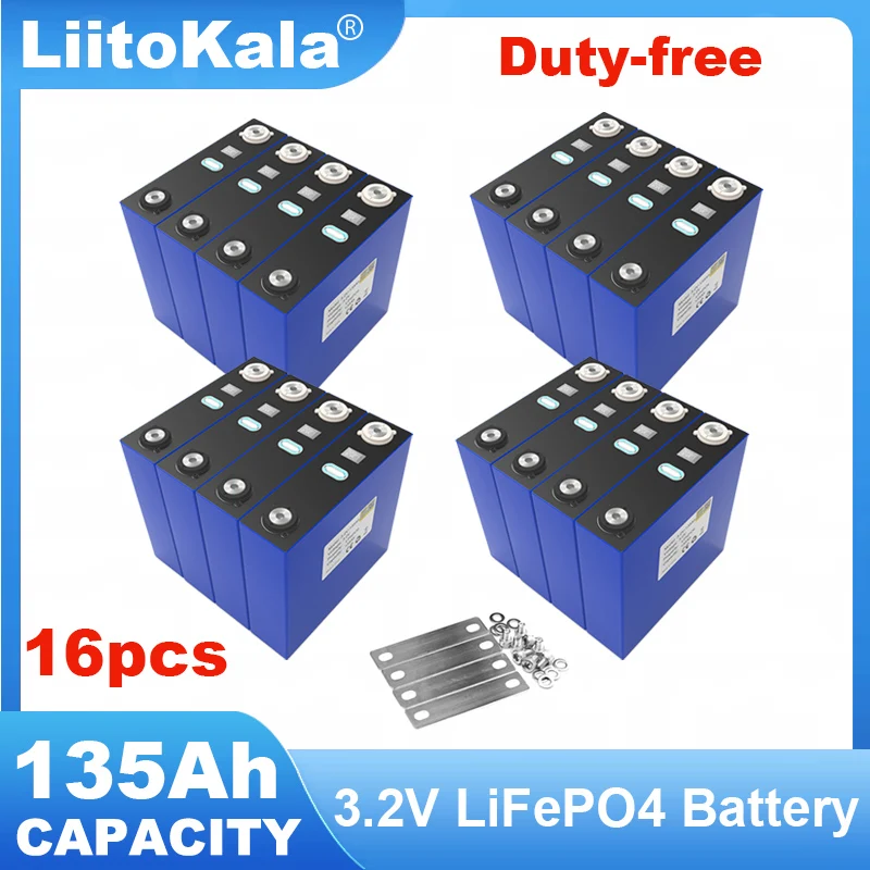 

16pcs LiitoKala 3.2v 135Ah lifepo4 Rechargeable Battery DIY 12v 24v Cycle package lithium cell lithium iron phosphate TAX FREE