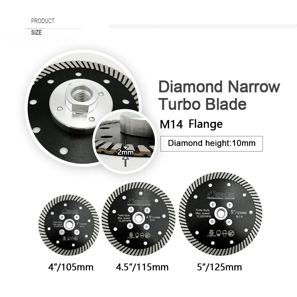 Shdiatool 2 peças 105/115/125mm diamante estreito turbo lâmina de serra m14 flange disco de corte granito mármore concreto alvenaria placa de corte