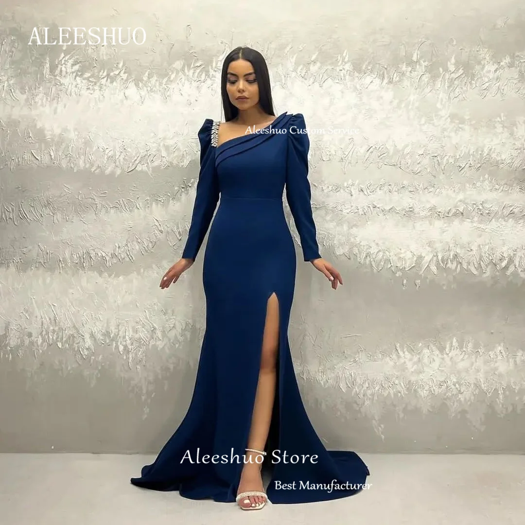 Aleeshuo Elegant Sky Blue Boat Neckline Prom Dress Long Sleeves Side Split Mermaid Evening Party Dress For Women 2024