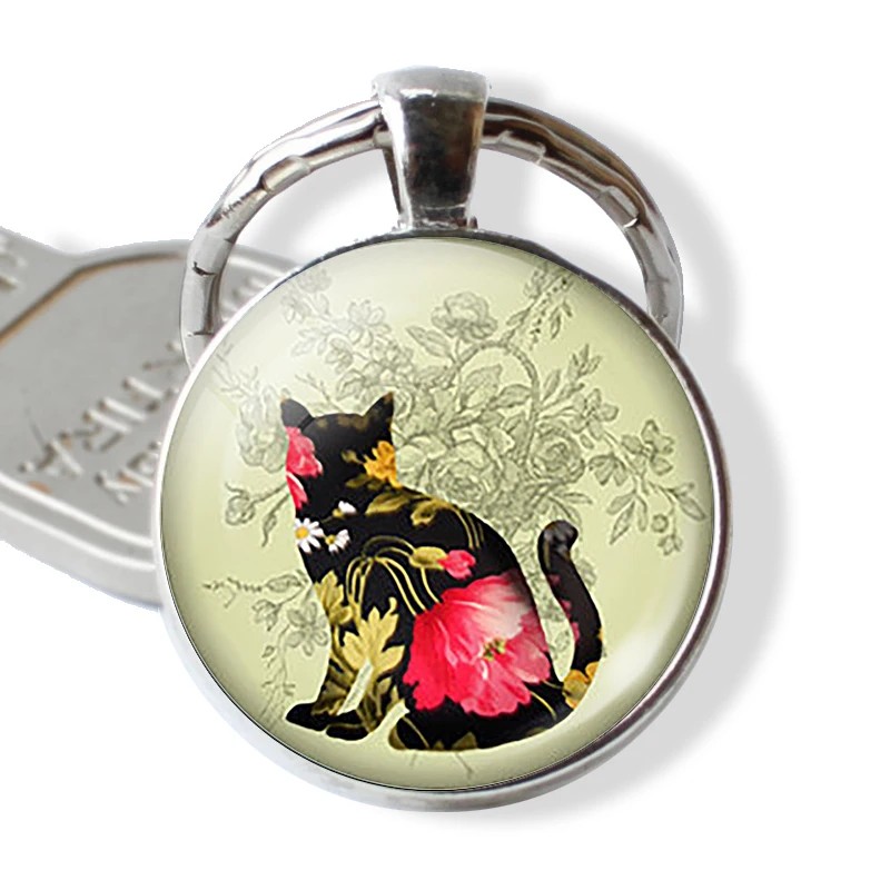 BLACK CAT Quote Keychain Lovers Keyring Cat with Broom Witch Glass Vintage Kitten Jewerly Black Cat Cabochon Key Chain Ring