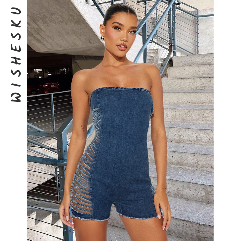 

Sexy Strapless Ripped Holes Denim Shorts Jumpsuits Women Off Shoulder Backless Zipper One Piece Rompers 2024 Summer Y2K Clothes