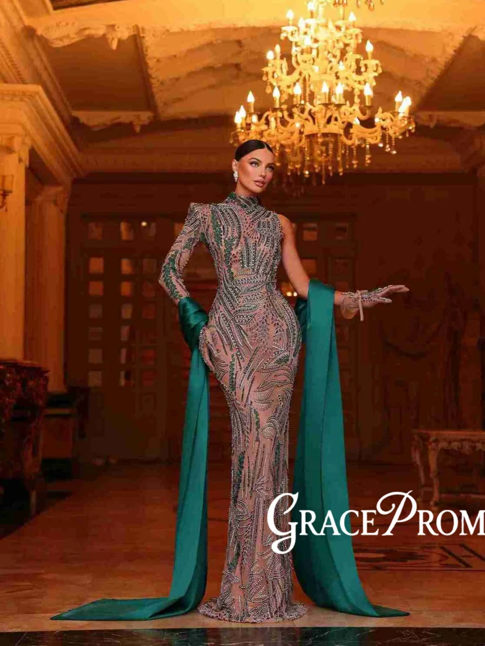 

Royal Luxurious Beaded Evening Dress Without Gloves Green One Shoulder Wedding Party Gown New Customized Elegant Banquet Gowns