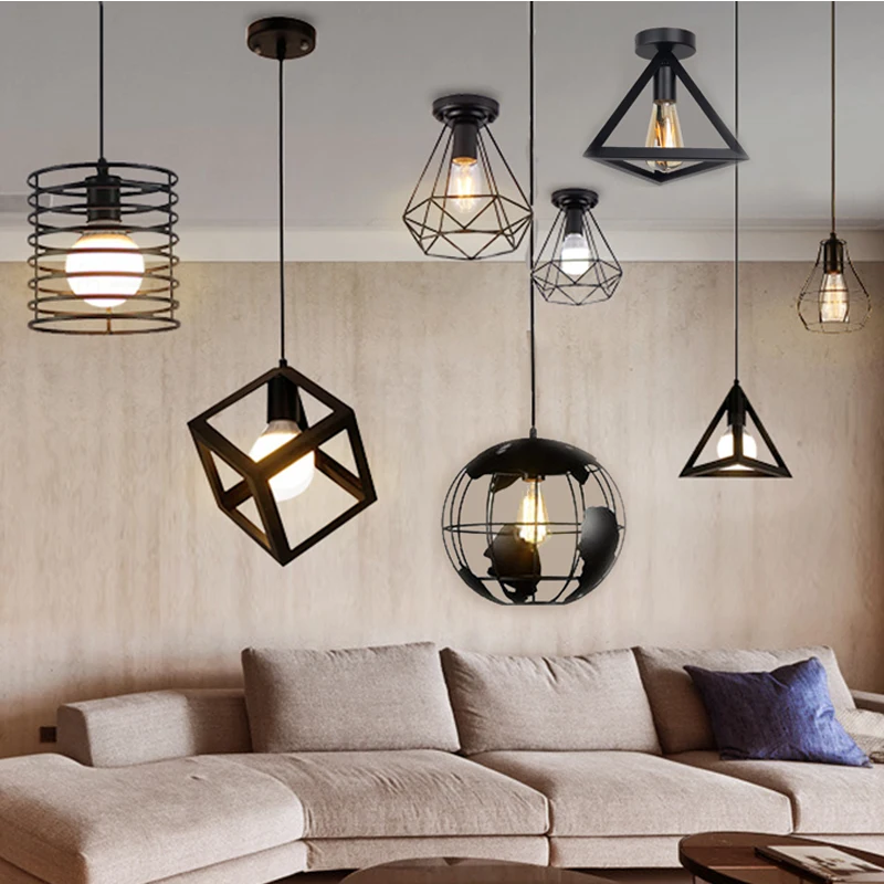 Vintage Ceiling Light Modern Nordic Retro Iron Lamp Decor  Living Room Bar Black and White Loft E27 Home Lights Cage Fixture