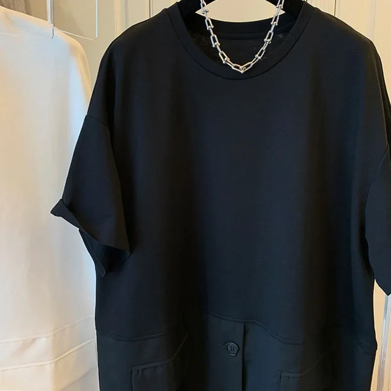 프랑스 디자인 페이크 투피스 티셔츠 드레스 여성용 여름 루즈핏 미디 기장 반팔