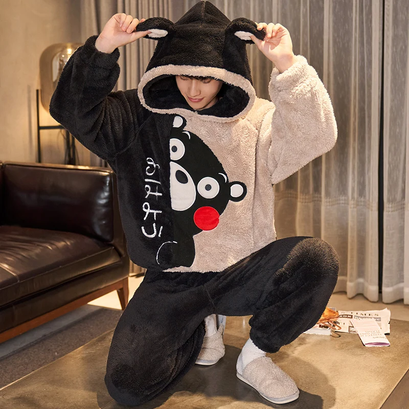 Winter Men Pajamas Sets Thicken Hoodies Sleepwear Cartoon Bear Animal Male Pyjamas Suit Coral Fleece Homewear Pijama Unisex Suit