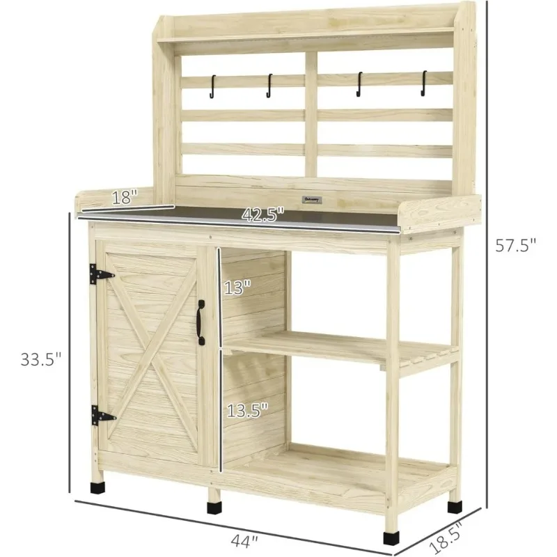 Garden Workstation with Storage Cabinet, Storage Shelves for Backyard, Patio, Balcony，Outdoor Wooden Potting Bench Table