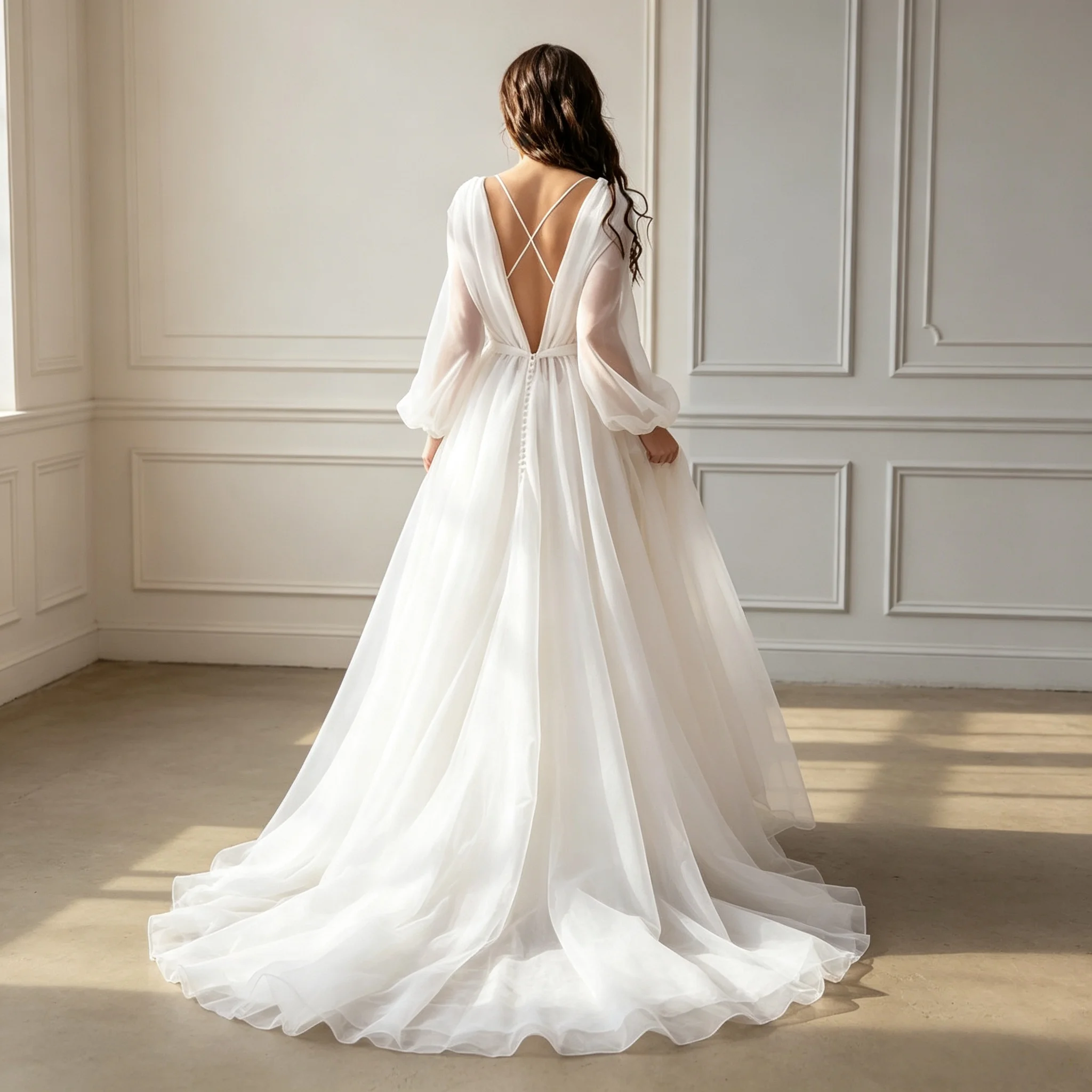 Round Neck Puff Sleeve Chiffon Wedding Dress Crisscross Back Button Sweep Train Bridal Gown Beach Garden Ceremony Customization