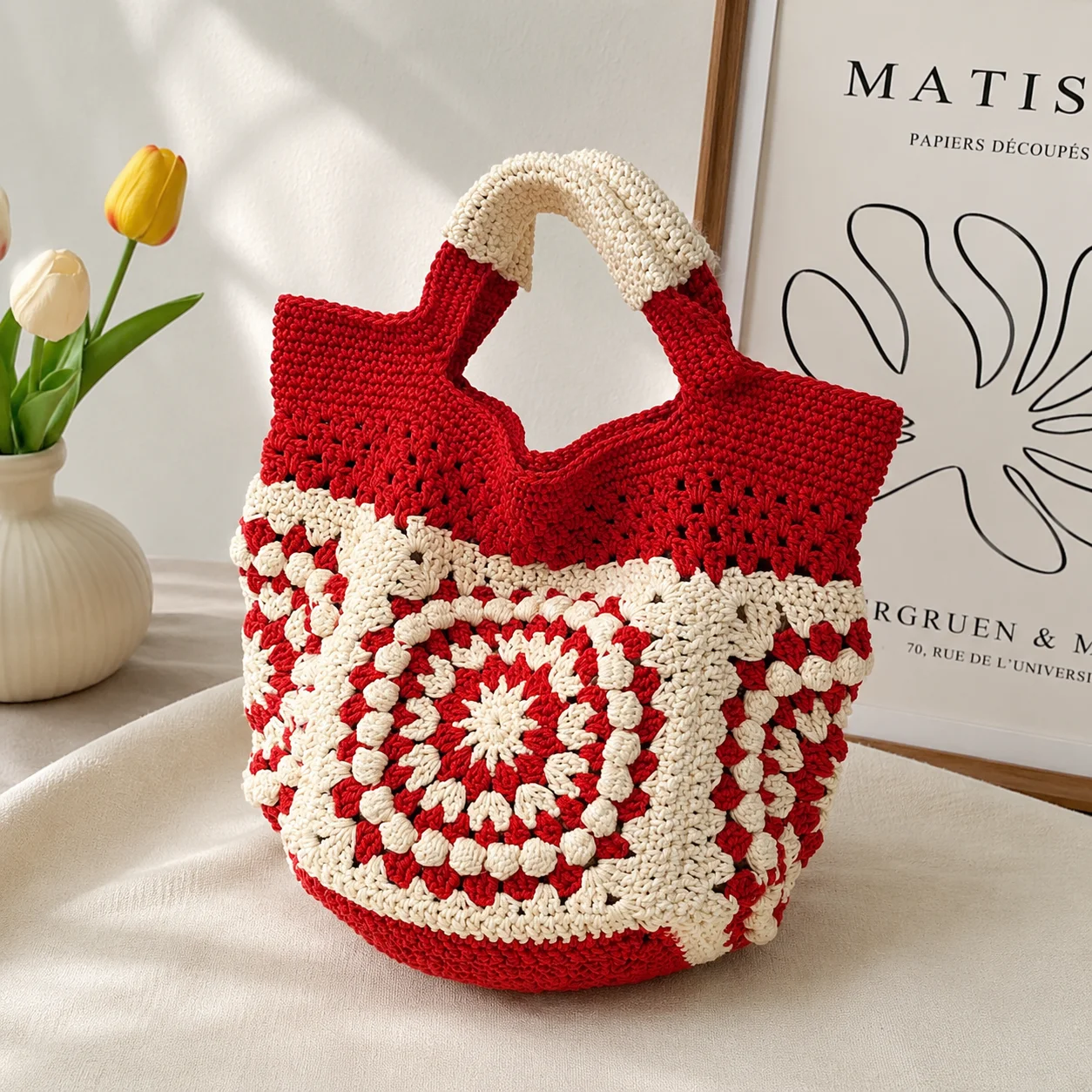 

Handmade Crochet Hollow Out Tote Bag Vintage Granny Square Knit Handbag Summer Beach Straw Style Bucket Bag Casual Cotton Rope W