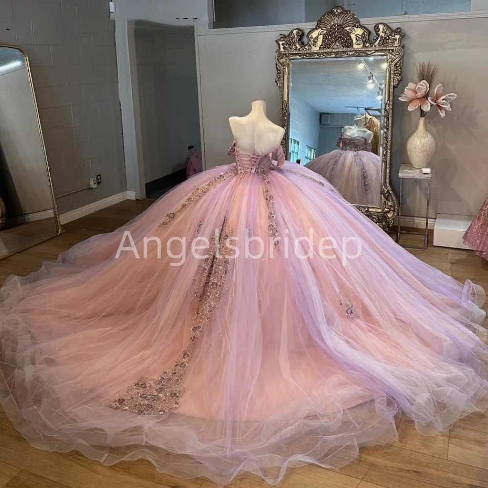 Angelsbride Charming Quinnceanera Dress Ball Gown Sequins Applique Beaded Crystal Tulle Corset Sweet 16 Vestidos De 15 Anos