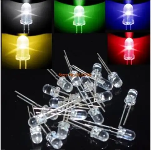 Transparent 5mm LED Light package, light-emitting Tube package, Red  White , Green light, Blue light, Yellow light, 20 Each