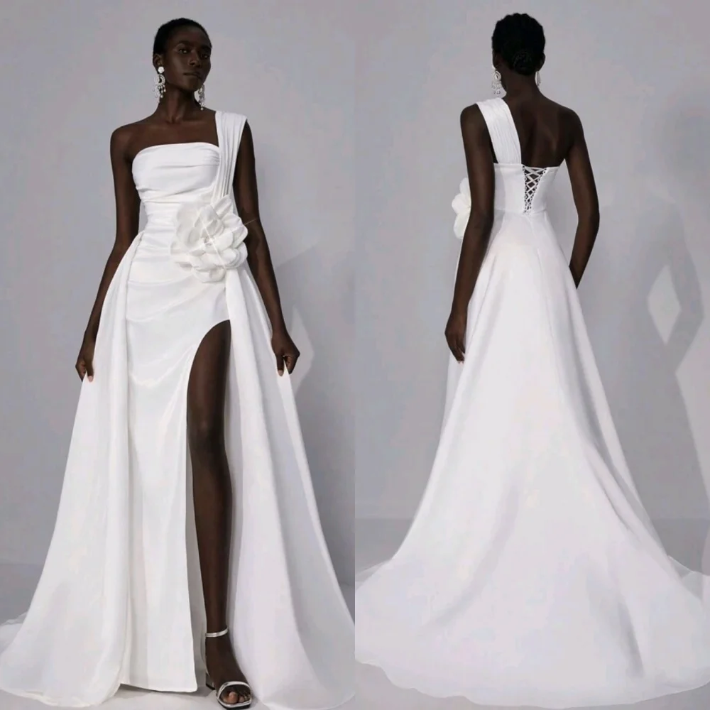 

Customized High Quality Classic Charmeuse Handmade Flower Rhinestone A-line One-shoulder Long Dresses Bespoke Occasion Dresses