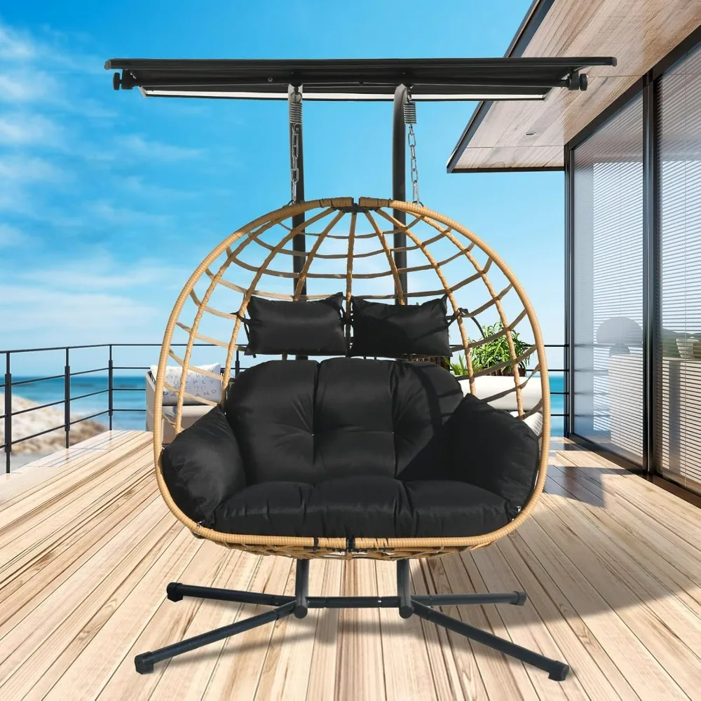 2 Person Hanging Egg Chair with Awning, Outdoor Rattan Swing Hammock Basket Chair with Cushion, Wicker Egg Chair for Indoor