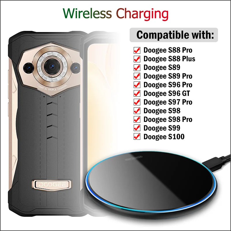 15W Fast Wireless Charger for Doogee S100 S99 S98 S97 Pro/S96 GT/S89 S88 Pro Plus Wireless Charging Pad with Type-C Cable