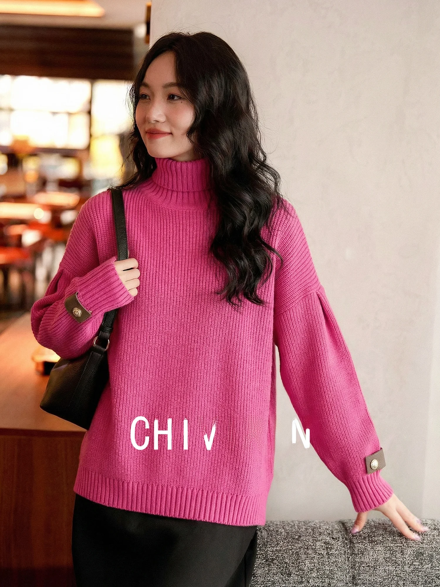 

Chivirin Wool Blend High Ne Knit Sweater Women's Loose Long Sve Autumn Winter Faionable Slimming Comfortable Knitted Top