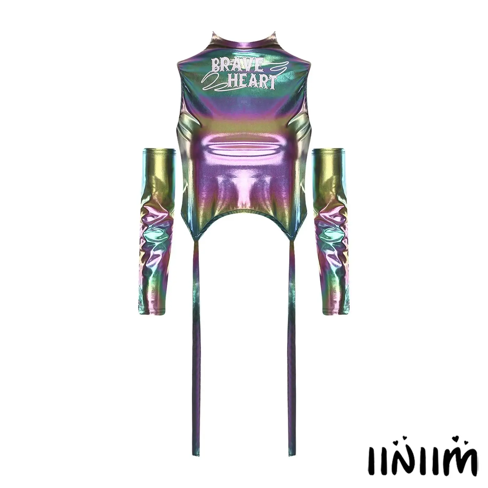 

Fashion Womens Jazz Hip-hop Dance Costume Oversleeves/Brooch Holographic Metallic Sleeveless Pullover T-shirt Top Rave Clubwear