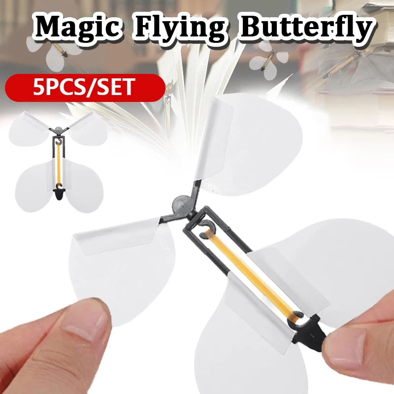 5Pcs White Magic Flying Butterfly Magic Props Rubber Band Powered Magic Butterfly Flying Toys Party Gifts Mischief Tricky Toys