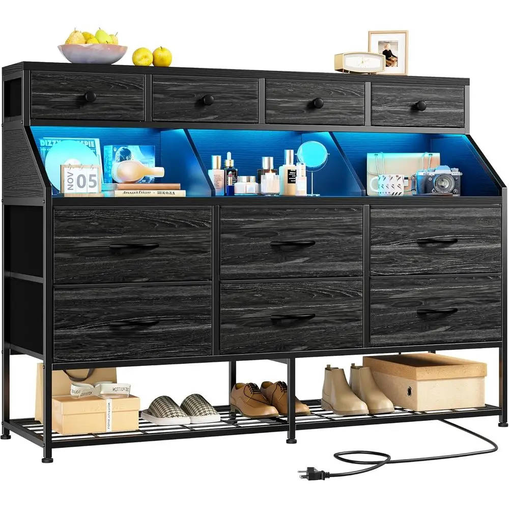 

10-Drawer Storage Unit with Shoe Rack, Fabric Drawers, Chests, LED Lights, and Power Outlets for Bedroom or Hallway