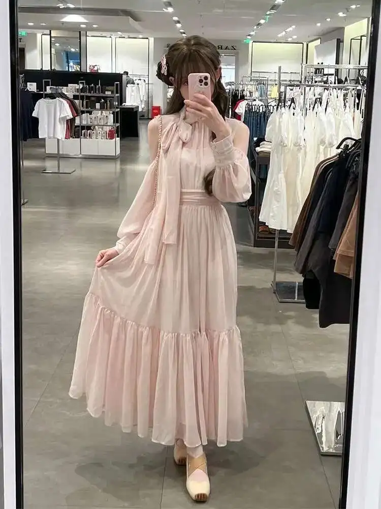 

Розовое платье Vacation By The Seaside Платье с открытыми плечами и длинными рукавами Нежное милое повседневное платье в японском стиле Yasasia Summer