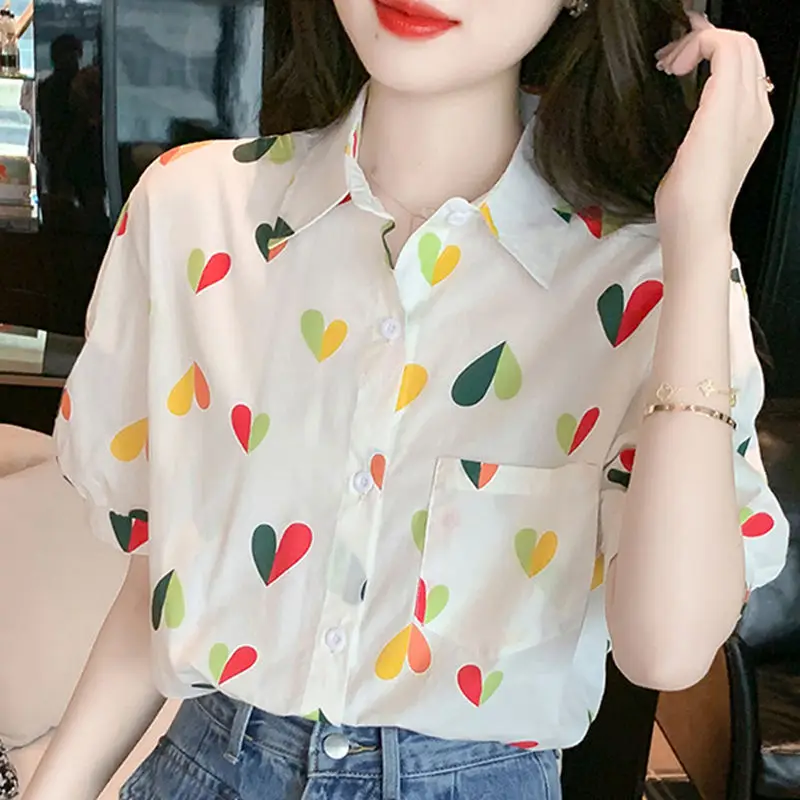 Korean Fashion Printed Turn-down Collar Shirt For Female Summer All-match Short Sleeve Casual Button Blouse Women\'s Clothing