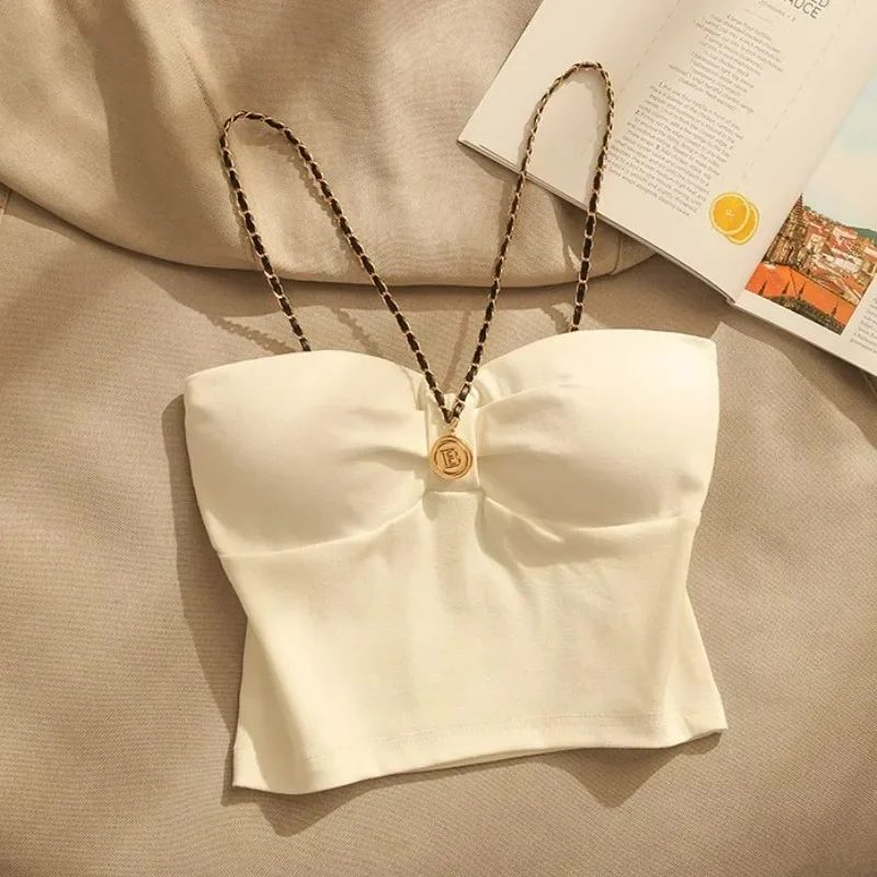 Hotsweet Chain Suspender 2024 Summer New Ladies Sexy All Match Slim Fit Beauty Back Cropped Outfit Chic Simple Camis Top