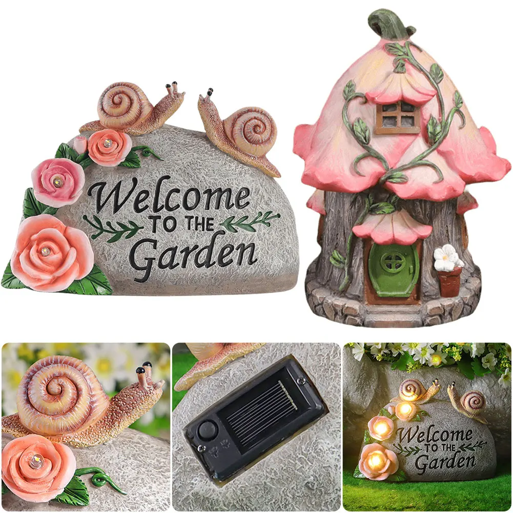 

Садовая приветственная статуя на солнечной батарее, полимерный знак приветствия, украшение, улитка, домик, мини садовая скульптура, уличный декор для двора