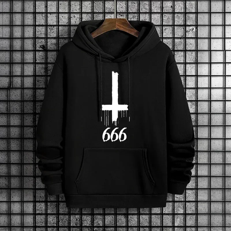 Urban fashion hip-hop hooded sweatshirt - Men's trendy casual pullover - Devil inverted cross print - Men's hooded sweatshirt