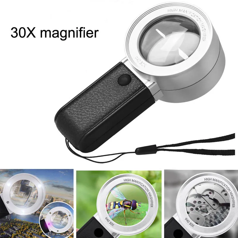 Loupe optique double couche 30X avec 3 LED et 1 lumière UV, déterminer les timbres, loupe de bijoux pour personnes âgées, lecture, réparation de