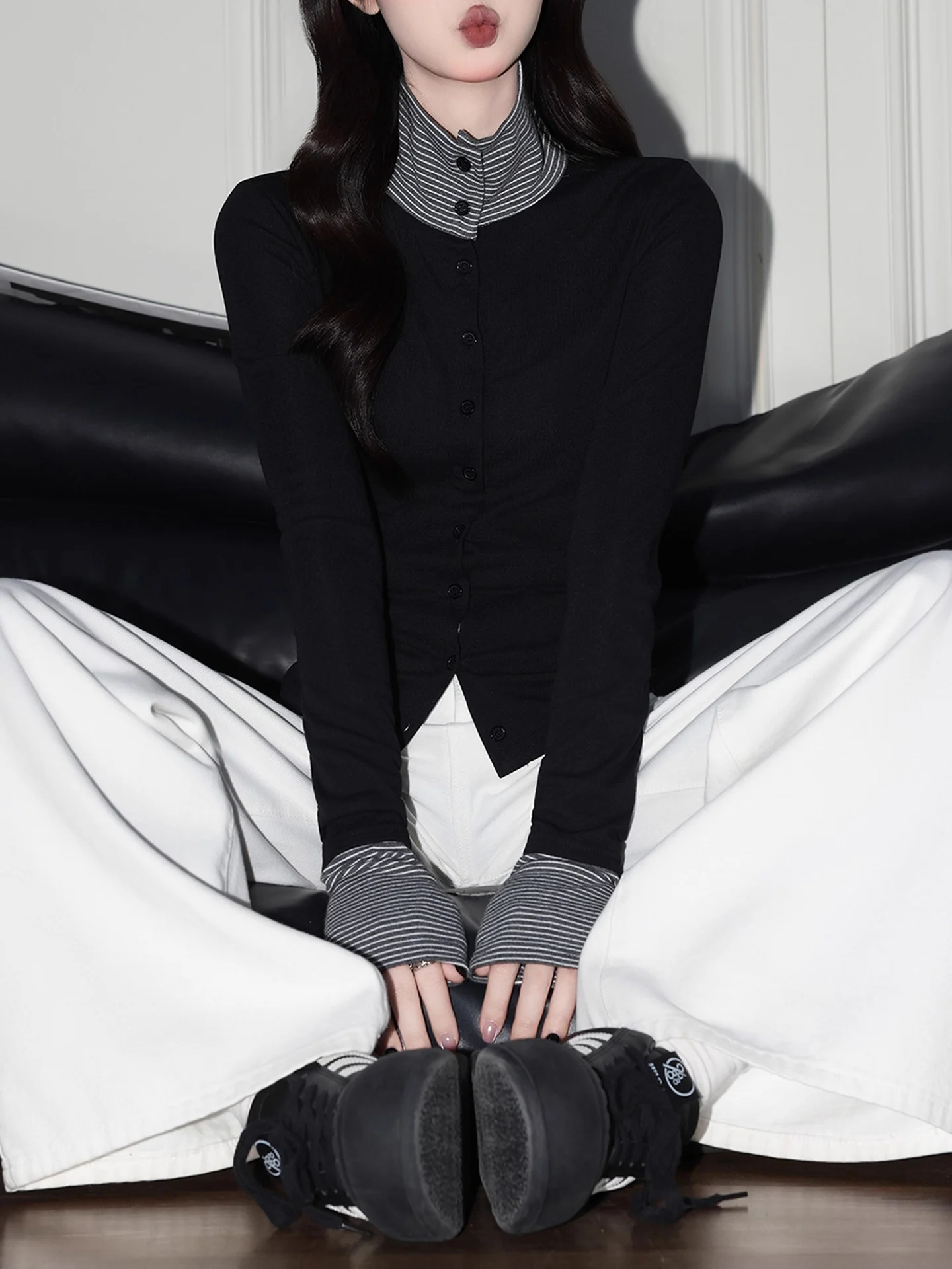 Coreano Sle Long Sve Striped Patchwork Camiseta feminina Slim Fit f Gola alta aberta Cardigan Base Top Faionable Winte...