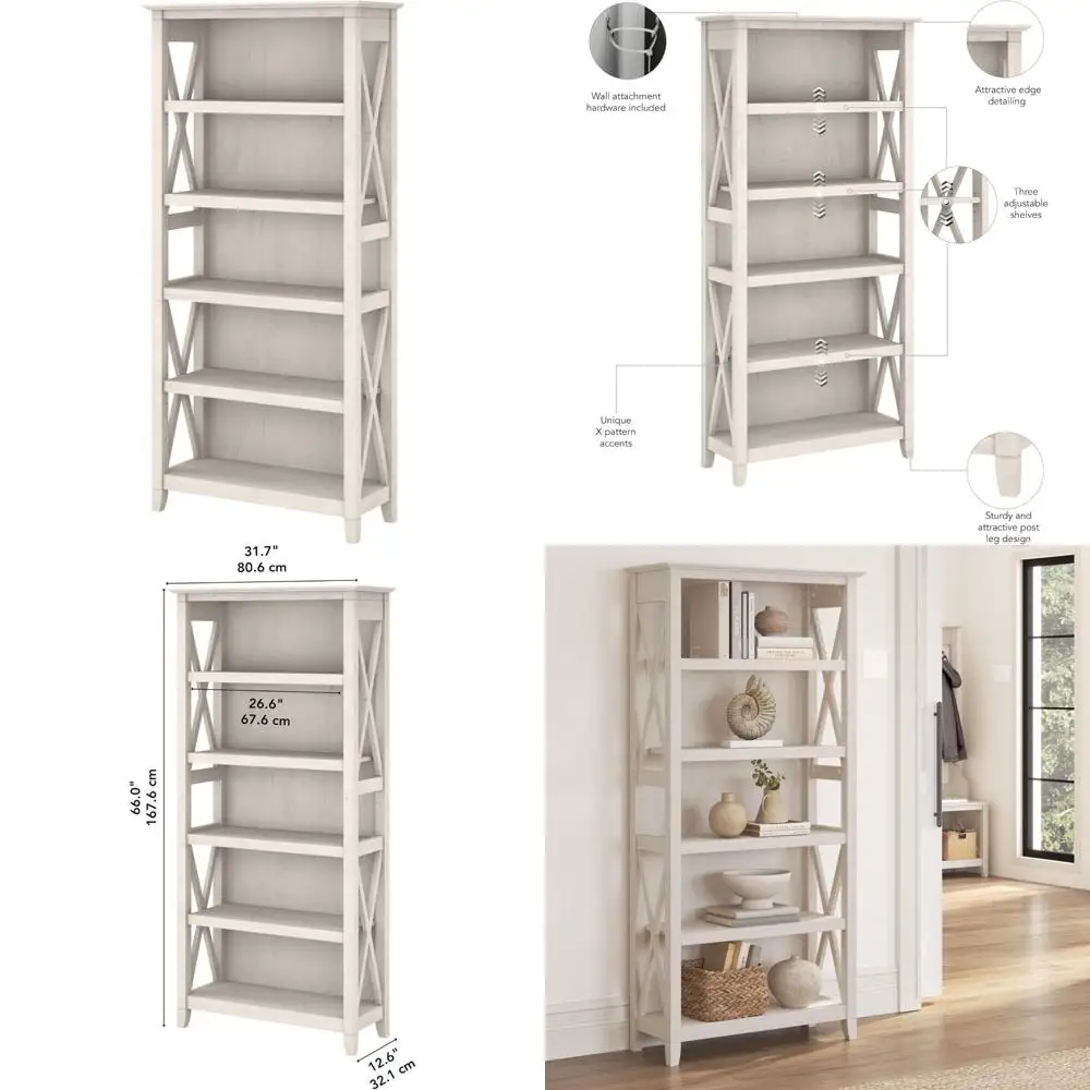 

Tall 5-Tier Bookshelf for Living Room or Home Office, Modern Farmhouse Style, Large Capacity