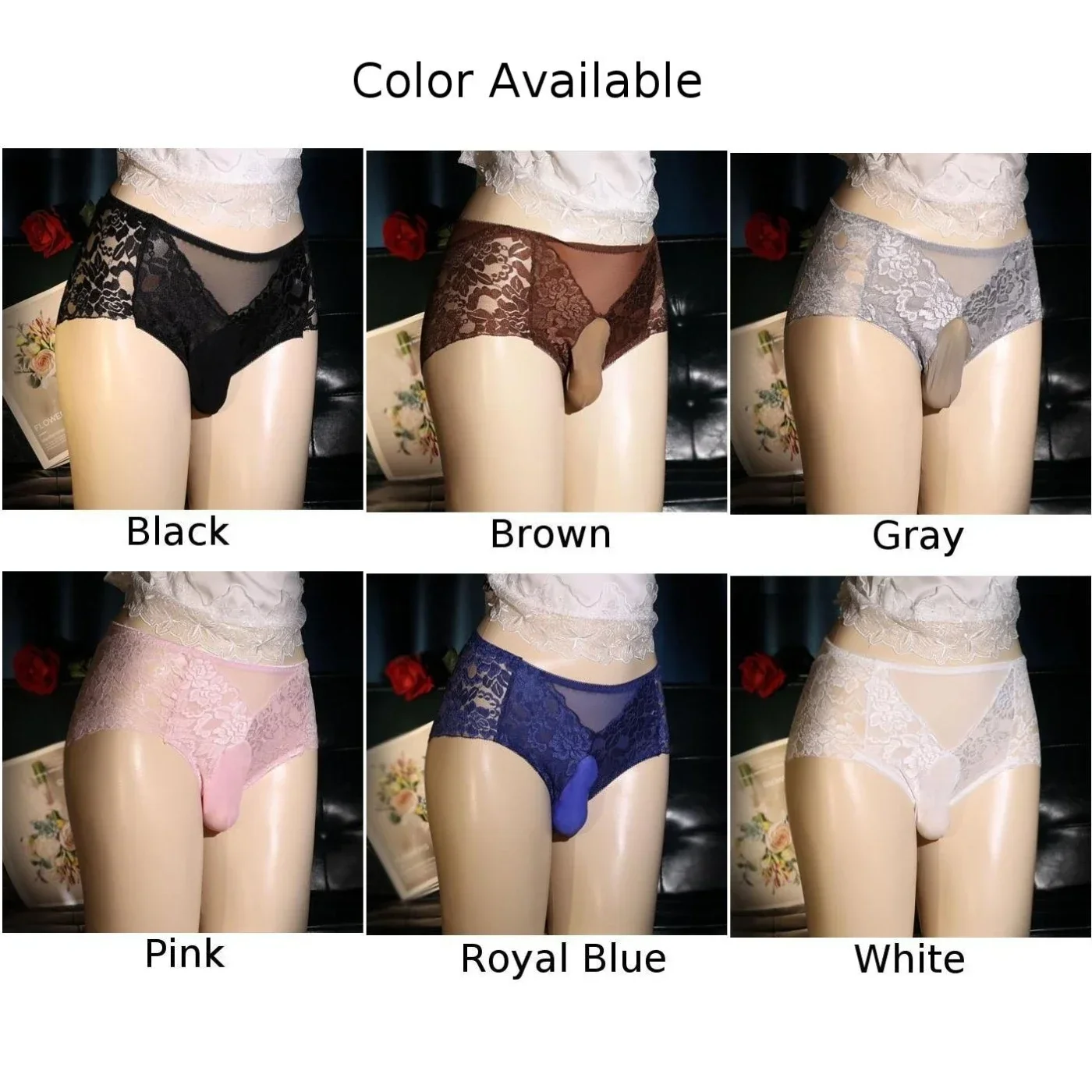 Mens Sexy Lace Sheer Briefs Sissy Pouch Panties Bulge Underwear 2XL 3XL Pink Black Blue Gray Brown White